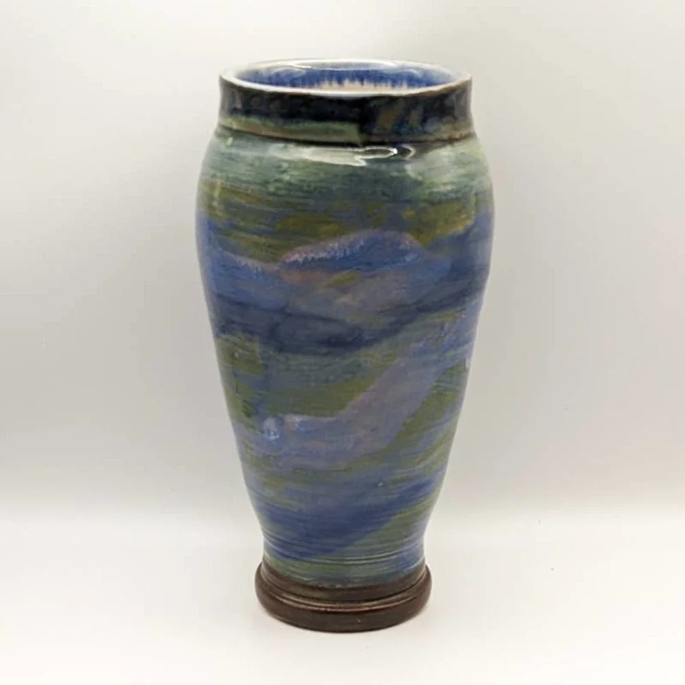 Vintage Studio Pottery Vase with Blues Teals Greens Signed Cynthia Young